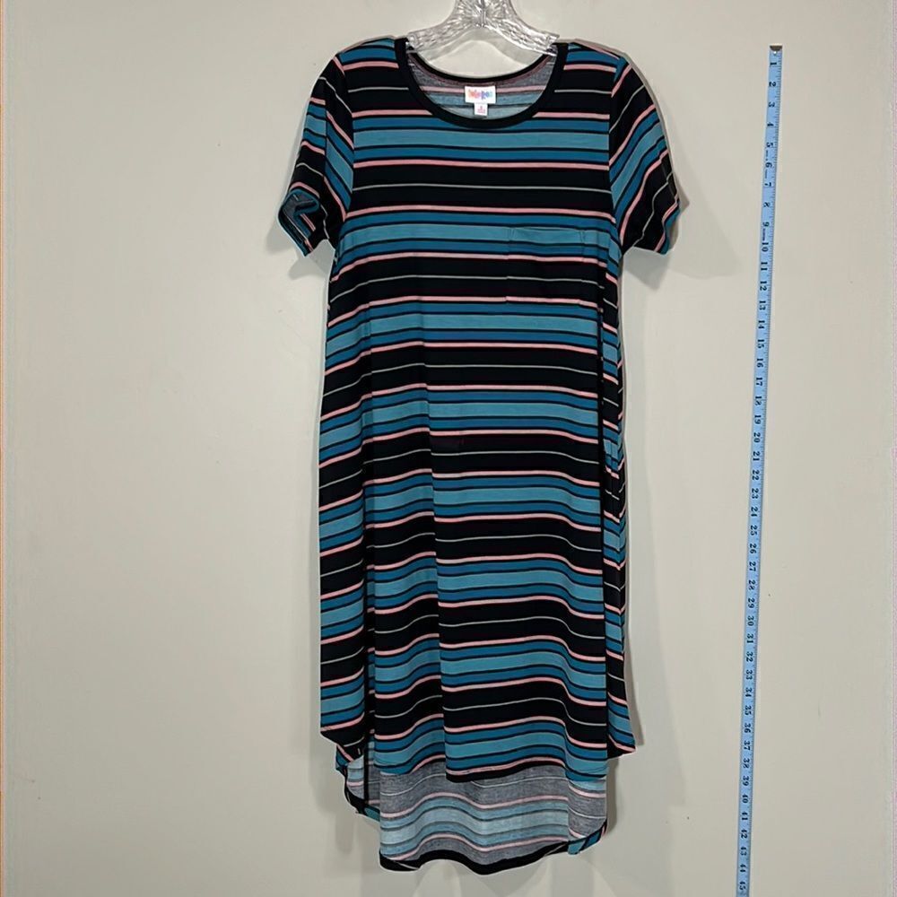 Blue, Black, & Pink Striped Short Sleeve Dress By LuLaRoe. Size Small.